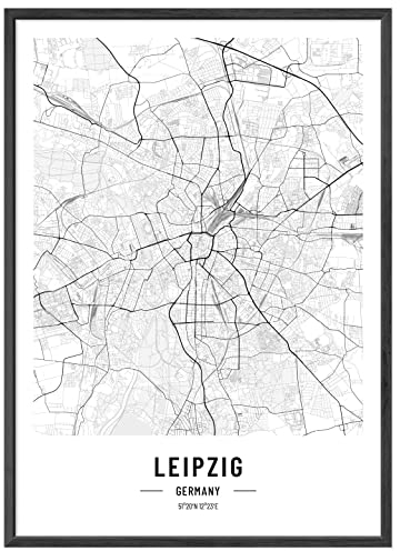 JUNOMI® Leipzig affisch DIN A2 svart vit, DIN A2 vardagsrumsdekoration, modern väggmålning, Leipzig bild, väggmålning utan ram, stadskarta affisch Leipzig, perfekt presentidé för Leipziger