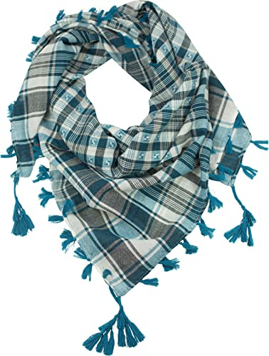 fashionchimp ® Damhalsduk med dekorativa tofsar och mönstermix broderi, fransk halsduk, triangulär duk, Rutig petrol, En Storlek