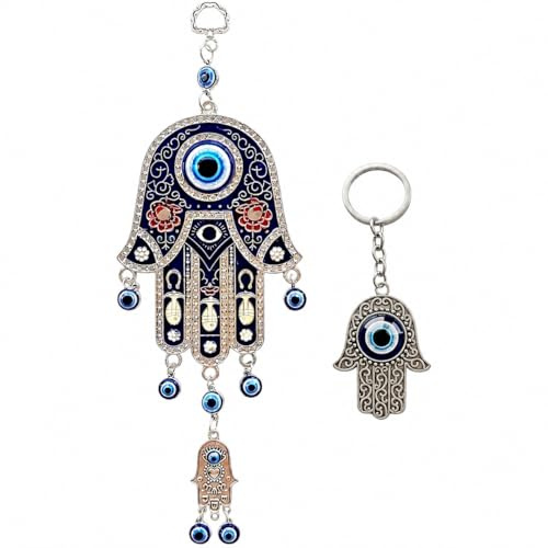 SabelAX Mano Fatima Ojo Turco Colgante Pared. Amuleto para la Casa Protector Hogar + Llavero Mano Fatima Ojo Turco. Buena Suerte Proteccion. Bendicion Hamsa (Colgante 2 + Llavero)