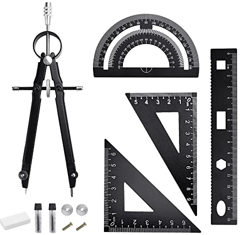 YAANBUNB 6 Stück Geometrie Set aus Aluminiumlegierung Lineale Winkelmesser Kompass Mathematisches Werkzeug Winkelmesser Zeichnen Einschließlich Radiergummi für Schüler Lehrer Architekten Ingenieure