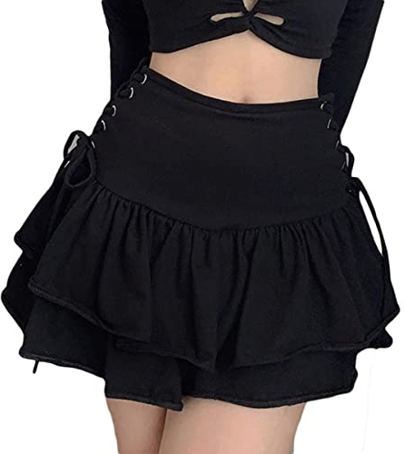 Osheoiso Damen Rock in A-Linie Sexy Mini Faltenrock Kariert Damen Mädchen Kurze Hohe Taille Plissee Skater Tennis Schulrock Anime Faltenrock mit Spitze Sommer B Schwarz M