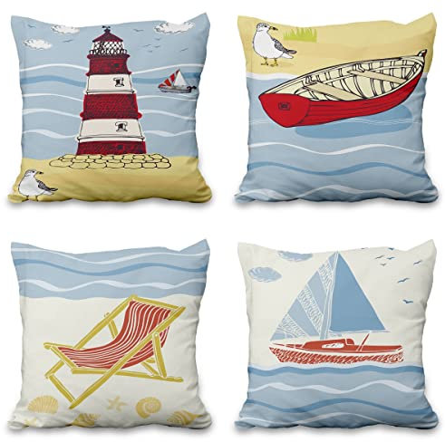 Aoihrraan 18 x 18 Inch Seaside Cushion Covers Ocean Beach Chair Boat Rudder Lighthouse Square Linen Throw Pillow Covers Home Decor For Bed Living Room Sofa Outdoor Garden Couch, 46x46cm Set of 4