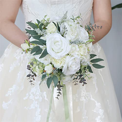 Jackcsale Wedding Bouquet Artificial Roses Flower Bride Bridal Bouquets Handmade Silk White Rose Flower Wedding Bridal Bouquets for Church Party Home Decoration