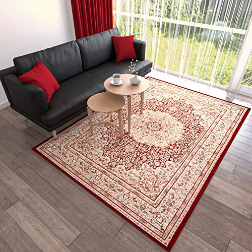 Mazovia Teppich Flur 100x150cm Rot Klassisch Traditionell Weich Mittelflor | Teppich für Eingangsbereich Küche Büro Wohnzimmer Schlafzimmer Pflegeleicht Tierfreundlich Allergikerfreundlich Synthetisch