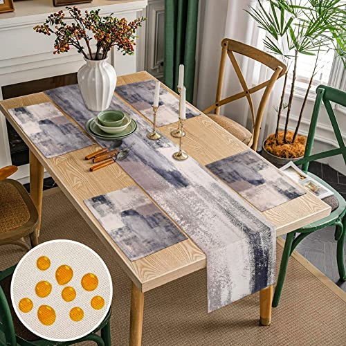 Vintage Tischläufer und Tischsets Waschbar 4er Set Blau und Grau Retro Rustikale Tischläufer Platzsets Outdoor Tisch läufer Wetterfest Modern Wohnzimmer Platzset für Couchtisch 40x140cm