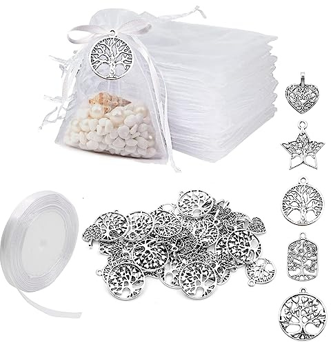 VEGCOO 50 Pezzi Ciondolo Albero della Vita, 50 Pezzi 10 * 12cm Sacchetti Organza Portaconfetti Bomboniere, Gioielli Collana Braccialetto DIY Ciondoli Bomboniere per Battesimo Comunione Matrimonio (A)