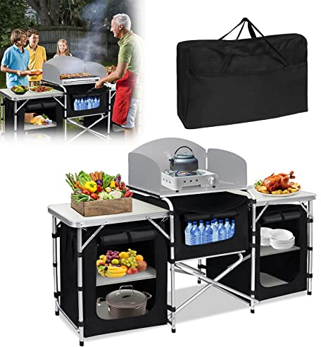 JOIEYOU Camping Küche, Campingtisch Klappbar mit Aluminiumgestell, Campingküche Outdoor Schrank Campingschrank inkl. Tragetasche für Wandern Picknick, 174x52x110cm