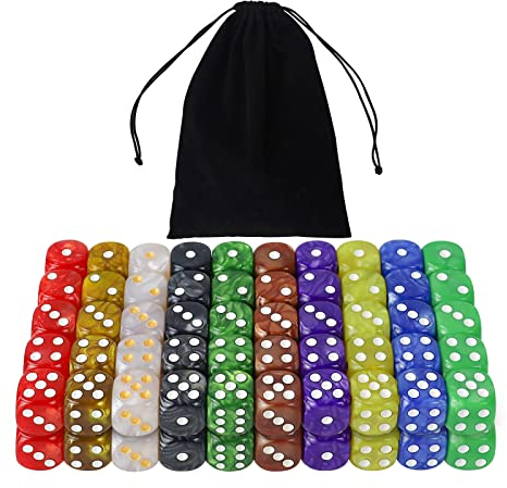 SLAKOZYT 16MM 6 Seitige Würfel Set Sechsseitiger Würfel undurchsichtige Acrylwürfel für Brettspiele DND, MTG, RPG, Tenzi, Würfelspiele, Mathematikspiele(100PCS-Birne-10 Farben)