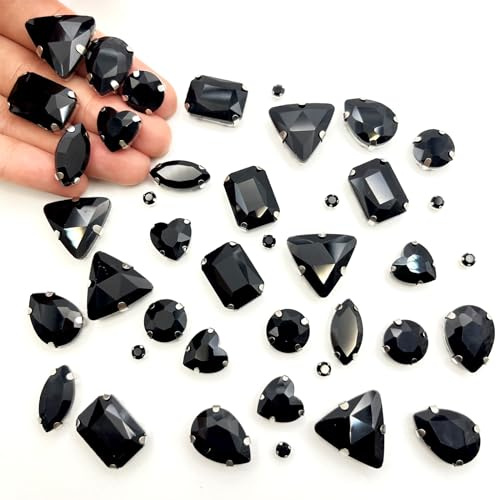 Yixinly 236 Pezzi Strass da Cucire, Pietre da Cucire, Strass di Vetro Cuciti a Forme Miste Cristalli Decorativi da Cucire, Applicabile a Gioielli Artigianato Vestiti Abbigliamento (Nero)