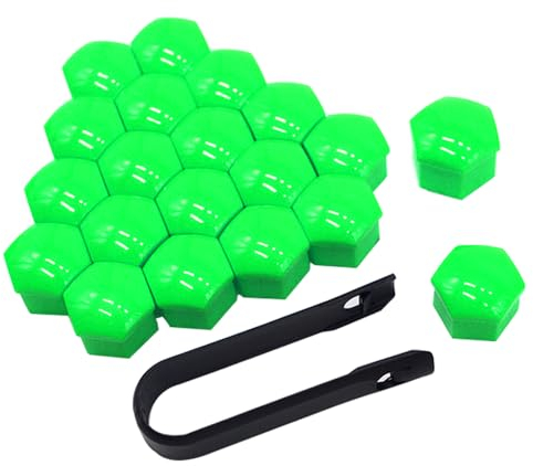 QitinDasen 20 Piezas 17 mm Coche Rueda Tuerca Cubiertas, Tapa de Perno de Tuerca de Rueda de Coche Universal, Tapa de Tuerca de Neumático Hexagonal con Herramienta de Extracción (Verde)