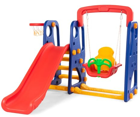 COSTWAY 4-in-1 Toddler Climber and Swing Set with Removable Basketball Hoop, Long Slide, Easy Climb Ladder, Children Play Area for Outdoor and Indoor (Red+Blue)