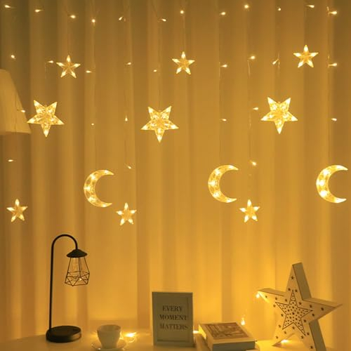 Stern Mond LED Lichterketten, Lichterkette Bunt, Stern Mond Lichtervorhang Lichterkette LED Fenstervorhang Lichter Sternenvorhang Dekorative Lampe für Party, Weihnachtstag (Warme Farbe)