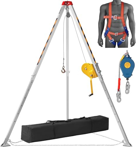 VEVOR Confined Space Tripod Kit, 2600 lbs Winch, Confined Space Tripod 8' Legs and 98' Cable, Confined Space Rescue Tripod 32.8' Fall Protection, Harness, Storage Bag for Traditional Confined Spaces