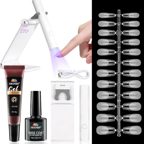 EBANKU Nail Tips und Glue Gel Kit - Nail Extension Set mit Mini UV Lampe für Nägel, Feste Nagelkleber, Base Coat, 120PCS Soft Gel Full Cover Nail Tips - Medium Coffin