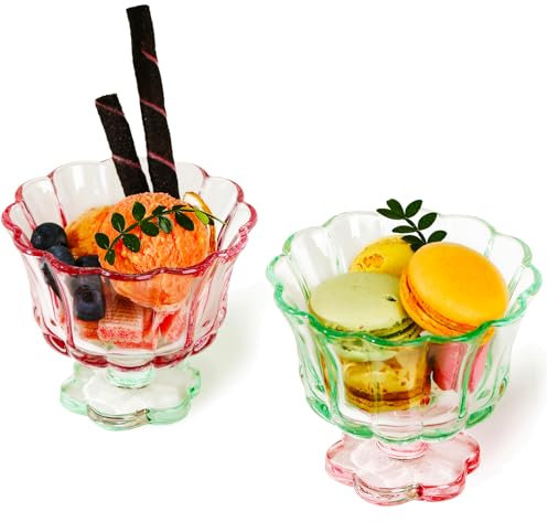 TUCHACA Ice Cream Bowls Drinking Glass Cups Set of 2 (Pink & Green), Flower Petal Style Glasses, 260 ml, Suitable for Ice Cream, Cocktails, Dessert & More.