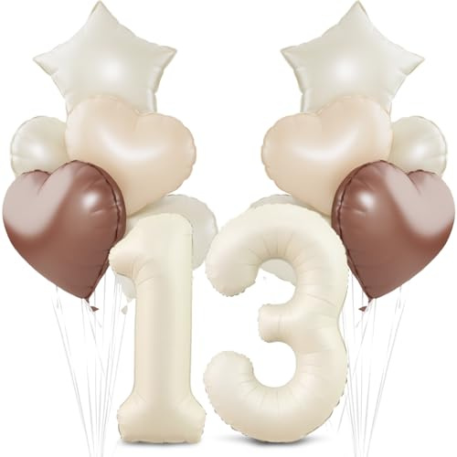 Beige Luftballon 13.Geburtstag,Cremeweiß 13. Geburtstag Ballon Deko,XXL 40 Zoll luftballon 13.，Beige Aprikose Braun Herz Stern Folienballons，für 13 Jahre Geburtstagsdeko Jubiläum Party Dekoration