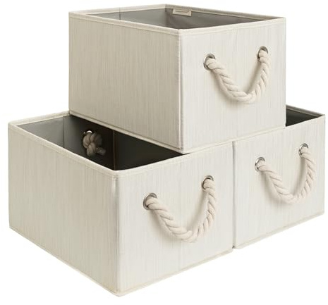 StorageWorks große Aufbewahrungskorbe zum Ordnen, faltbare Körbe Aufbewahrung für Regale, Aufbewahrungsbox Stoff mit Griffen, dekorative Regalkörbe, beige, weiß und elfenbein, 3 Stück
