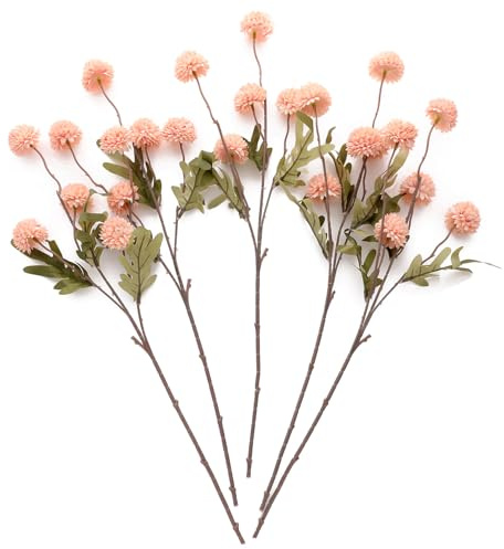 Laelfe Pink Artificial Pompon Mum Flowers, 5 Bundles | Long Stem Faux Silk Kiku Flowers Fake Small Mini Chrysanthemums for Vase Filler Wedding Bouquet Table Centerpieces