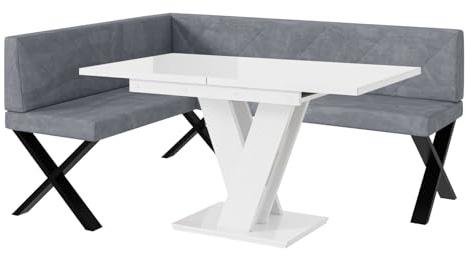 MEBLINI Eckbank für Esszimmer mit ausziehbarem Tisch - Küchenbank - Essecke - Sitzecke Küche - ERIC - X-Beine 128x168x87cm Links - Grau Samt/M Weiß Hochgl.
