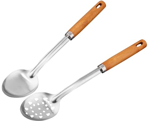 Gosknor Set Cuillères Cuisine, Acier Inoxydable Bois Grandes Cuillères Cuisine Manche Confortable Servir Perforées Solides pour Mélanger Remuer Cadeaux Maison Restaurant (Bois Foncé)