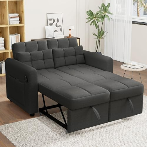 MQLAE Modernes Doppel-Klappschlafsofa, 2-Sitzer Ausziehsofa mit Schlaffunktion, mit verstellbare Rückenlehne&Armlehnentaschen und Kissen, USB-Ladeanschluss, für Wohnzimmer Schlafzimmer Büro (Grau)