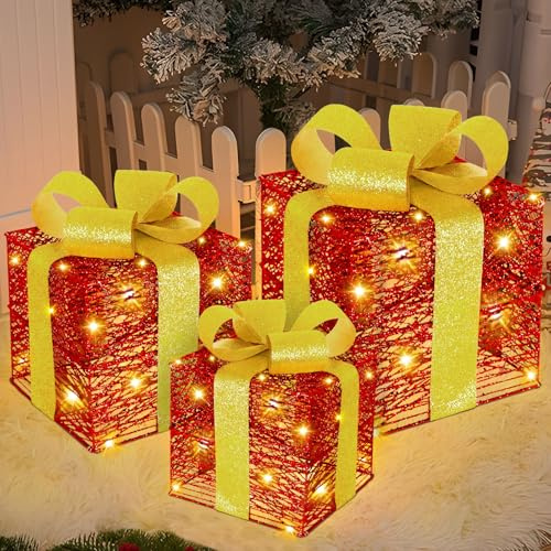 ZHHGOO Boîtes Cadeaux Lumineuses de Noël, Lot de 3 Boîtes à Cadeaux, LED Cadeaux Lumineux, Decoration Noel Interieur Maison avec Guirlandes Lumineuses Chaud Illuminées
