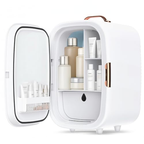 Mini Fridge 15L Cans Cooler and Warmer Portable Mini Fridge for Bedrooms with 3 LED Light Mirror, Beauty Fridges AC+12V DC Small Fridges for Skincare, Cosmetics, Car, Office, Drinks (White)