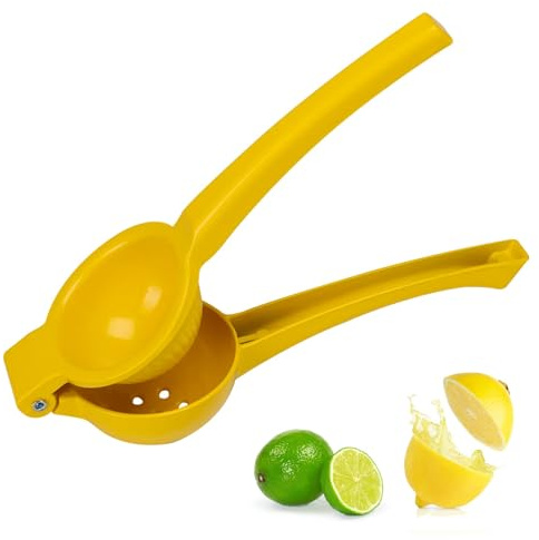 GEEZY Metal Lemon Squeezer - Manual Citrus Press in Yellow, Mexican Elbow Citrus Juicer, Durable Hand Lime Juicer, Seed Catcher, Easy to Clean - Great for Cocktails, Cooking & Healthy Drinks