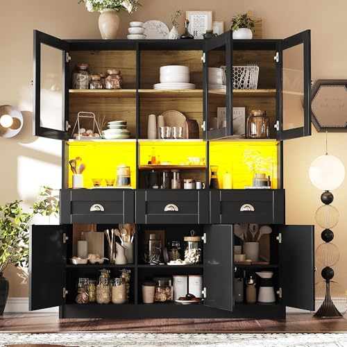 Lahoomu Küchenschrank(140×40×175cm), Hochschrank Küchenbuffet, Vitrinenschrank, Buffetschrank mit Verstellbaren Ablagen, Sideboard mit LED-Beleuchtung, Variable Lichtfarben, Schwarz