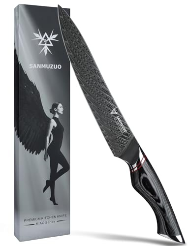 SANMUZUO 20 cm Tranchiermesser, Küchen Fleischmesser – Schwarzer Damaststahl mit ergonomischem Griff – Miao Serie