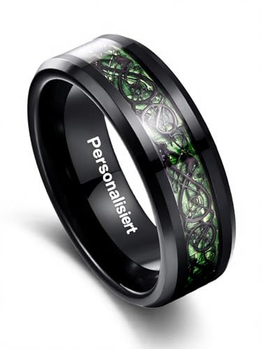 VAKKI Herrenring 8mm Schwarz Wolfram Ring Keltische Drachen-Eheringe mit Opalpapier/Kohlefaser für Männer Größe 49.3(15.7)-74.8(23.8)