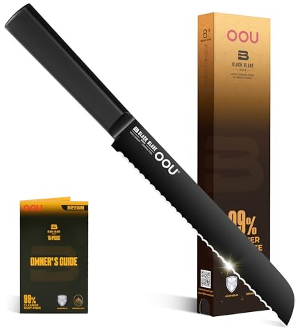 OOU® Black Blade 8 Inch Bread Knife with AgShield™ & Cerablack™ Technology, Rust-Resistant & Easy-Clean Finish, Serrated Edge for Sourdough, Bagels & Cake