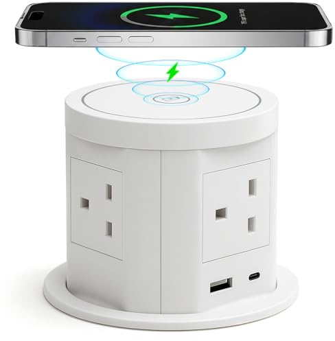 Pop up Sockets for Kitchen Worktops with 15W Wireless Fast Charger, Touchscreen Automatic Pop up, 5 x UK Plugs 1x USB & 1x 20W Type C Port for Home Office Kitchen Worktops Desktop