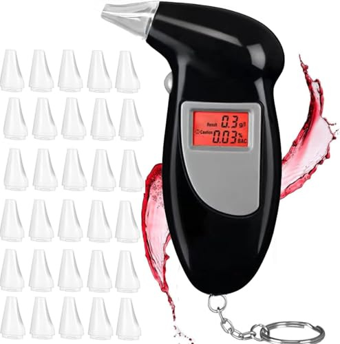 Alkoholtester, Tragbarer Promillemessgerät mit Digitaler LCD-Anzeige, Professioneller Alcohol Tester Alkoholmessgerät mit 30 Mundstücke, Alkoholtester Polizeigenau Alkomat für Heim und Partygebrauch