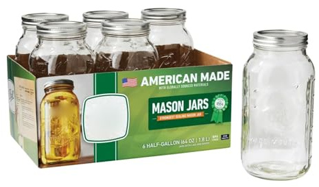 Wide Mouth Mason Jars 64 Ounces - 6 Count Glass Jars with Lids & Bands for Canning, Preserving, Pantry Storage & Home Use