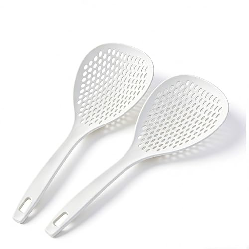 2 Pezzi Cucchiaio con Fessura in Silicone, Scoop Colino Cucchiaio per Pasta con Fessura Cucchiaio per Schiumarola in Plastica con Manico Pala di Scarico Alimenti per Cottura (Bianca)
