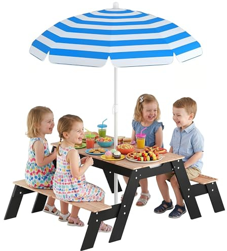 AIYAPLAY Table de Pique-Nique Enfants avec Parasol Amovible Bois Naturel
