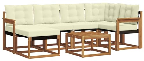 XHNIFBN Set di mobili da giardino da 7 pezzi, in legno di acacia massiccio e textilene, set lounge con tavolo e cuscini per terrazza, giardino e piscina, naturale/crema