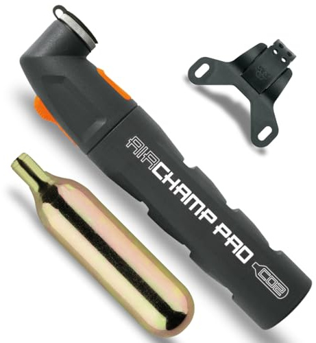 SKS GERMANY AIRCHAMP PRO CO2 Kartuschenpumpe (Luftpumpe für alle Ventilarten, Einhandbedienung, Betätigungssperre, Staubschutzkappe, inkl. 16g CO2-Kartusche + Pumpenhalter)