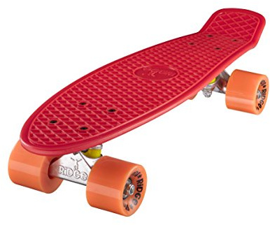 Ridge Mini Cruiser Skate Skateboard Retro 22 Completo nel Rosso, Cuscinetti ABEC 7, Rosso- Arancione