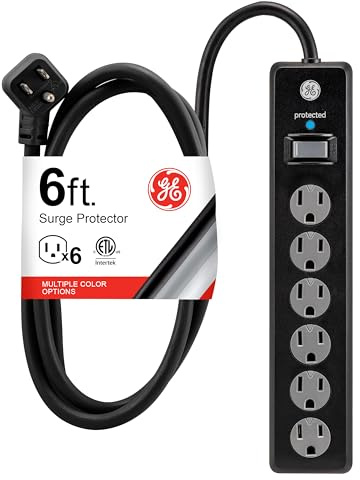GE Surge Protector Power Strip, 6 Ft Extension Cord, 6 Outlet Extender, 800 Joules, Flat Plug, Twist-to-Close Safety Covers, ETL Listed, Black, 33661