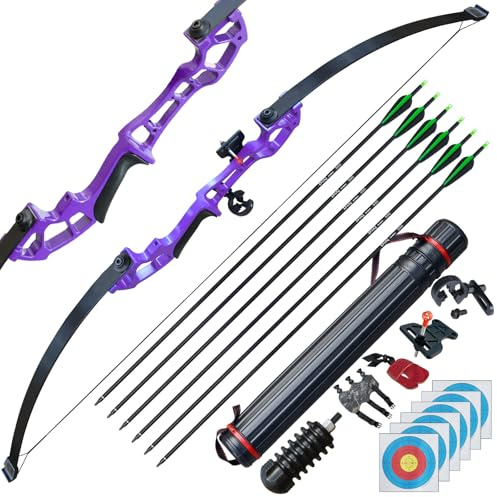 D&Q Archery Set Adult Bow and Arrow Set Adult Takedown Recurve Bow Hunting Bow Target Practice Competition Survival Longbow Right Hand 50 30lbs, 40lbs with 6pcs Mixed Carbon Arrow (Purple,40lb)