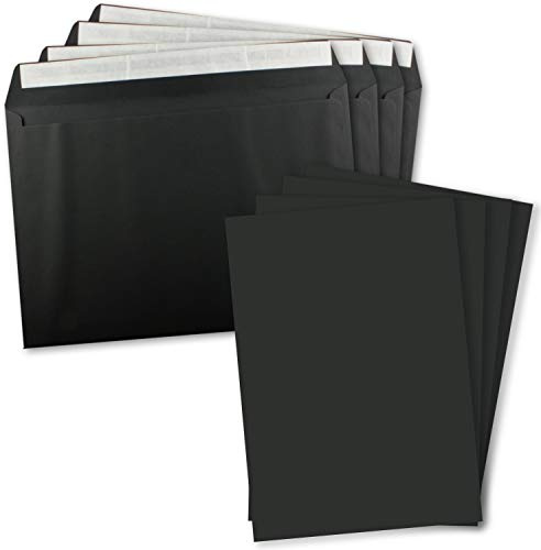 10x XXL Einzelkarten-Set DIN A4 mit Umschlägen DIN C4 - Schwarz | Karte 21 x 29,7 cm - Briefumschlag mit Haftklebung 22,9 x 32,4 cm - für Versand von Grußkarten, Urkunden und Gutscheinen
