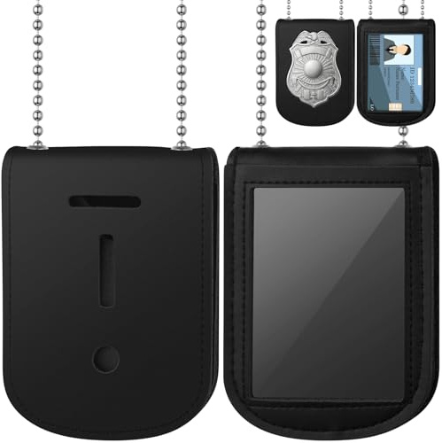 Sadnyy Police Security Badge Holder with Neck Chain, Leather, Rectangle