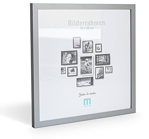 Zeitlos, moderner Bilderrahmen aus MDF, grau für 30x30 cm kleine Fotos und Bilder. Inkl. Acrylglasschutz. Er eignet sich als Tisch-Aufsteller und für die Wand, im Hochformat oder Querformat.