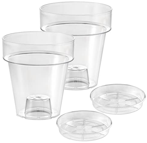 ECOMACETAS FLOWERPOT STORE Maceta para Orquídea, de Plástico Transparente, con Plato Incluido. con Escalón Interior y Base perforable. (2, 14cm)