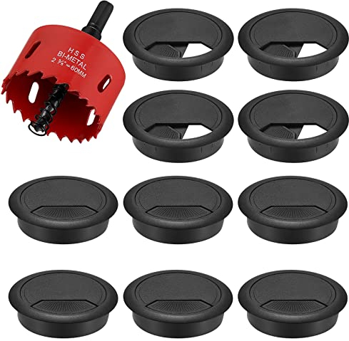 10-Pack Cable Grommet Desk, Cable Pass-Through, 60mm Plastic Cable Cover with 1 x Hole Saw, Cable Outlet Round Table Grommet for Office Worktops Desk (Black)