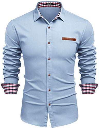 COOFANDY Men's Shirts Long Sleeve Denim Casual Work Shirt Button Down Dress Shirt Slim Fit Cotton Cowboy Shirts with Plaid Collar Baby Blue XL