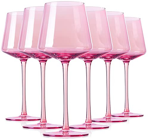 Physkoa Juego de 6 copas de vino de colores, modernas y coloridas con tallo largo alto y parte inferior plana, copas de vino de color perfecto para bodas, despedidas de soltera, fiestas, 14 onzas