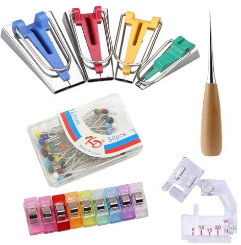 GIONAR Schrägbandformer Set, Schrägband Werkzeug Set mit Stoffklammern, Nähklammern, Perlenkopfnadeln und Ahle, 6/12/18/25 mm Tape Maker Edelstahl Nähen Zubehöre